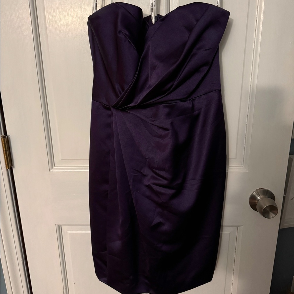 David’s Bridal Cocktail Length Strapless Dress in Plum